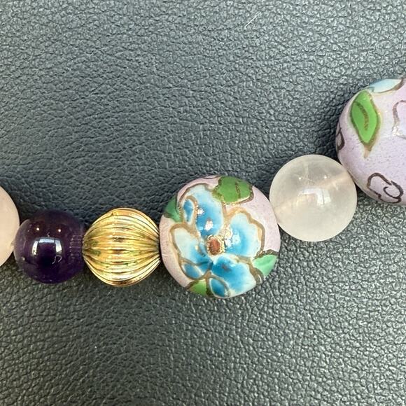 Vtg Chinese Rose Quartz Amethyst 11mm Cloisonné Bead 18” Necklace Gold Filled - Picture 2 of 8